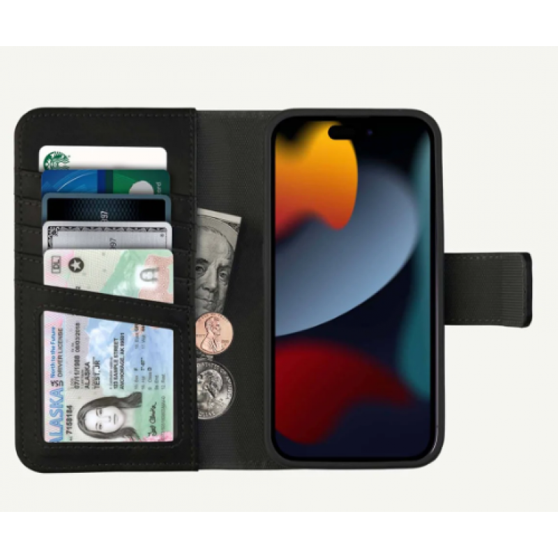 Étui CASECO iPhone 15 Pro Portefeuille / MagSafe / 5 cartes / aimanté Noir